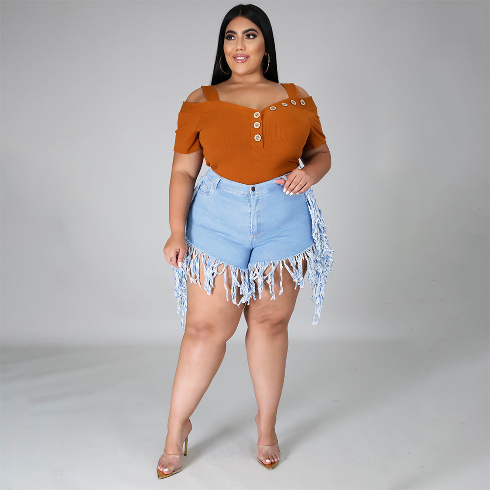 Plus Size Ripped Fringed Denim Shorts for Women