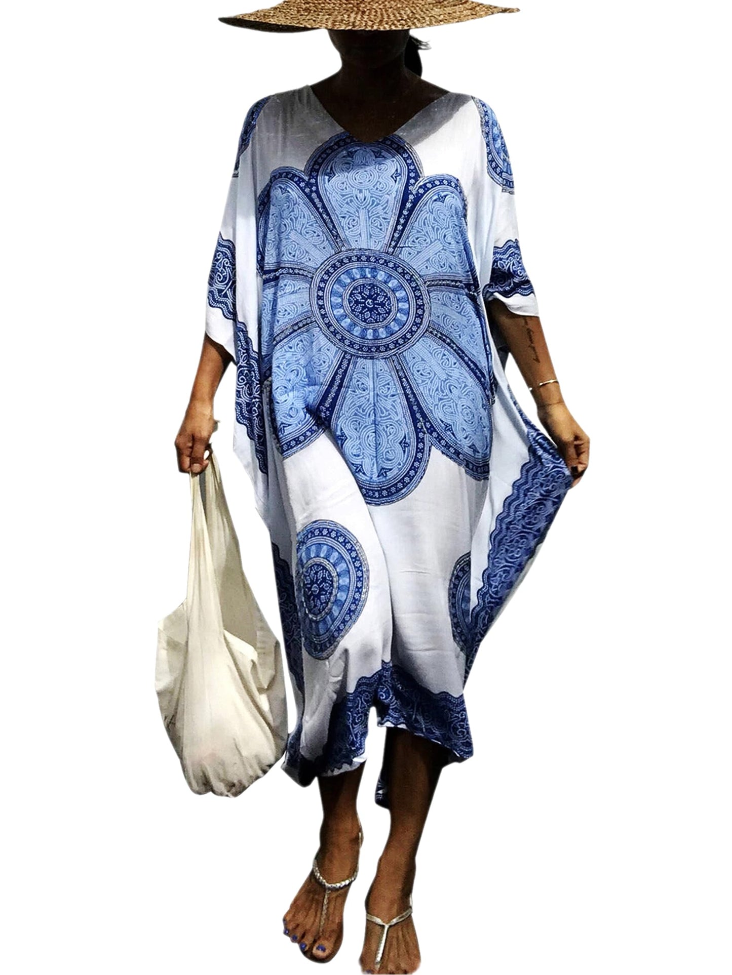 SMUDGE Life Kaftan Dresses for Women Plus Size Summer Beach Dress with Print and Swim Cover Ups Blue Flower