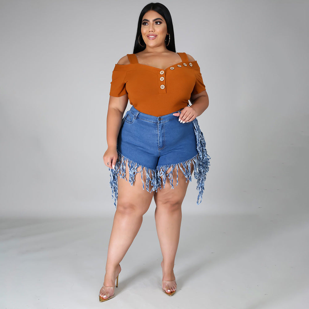 Plus Size Ripped Fringed Denim Shorts for Women