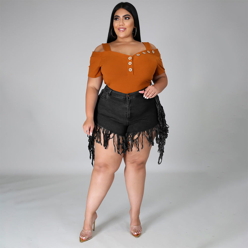 Plus Size Ripped Fringed Denim Shorts for Women