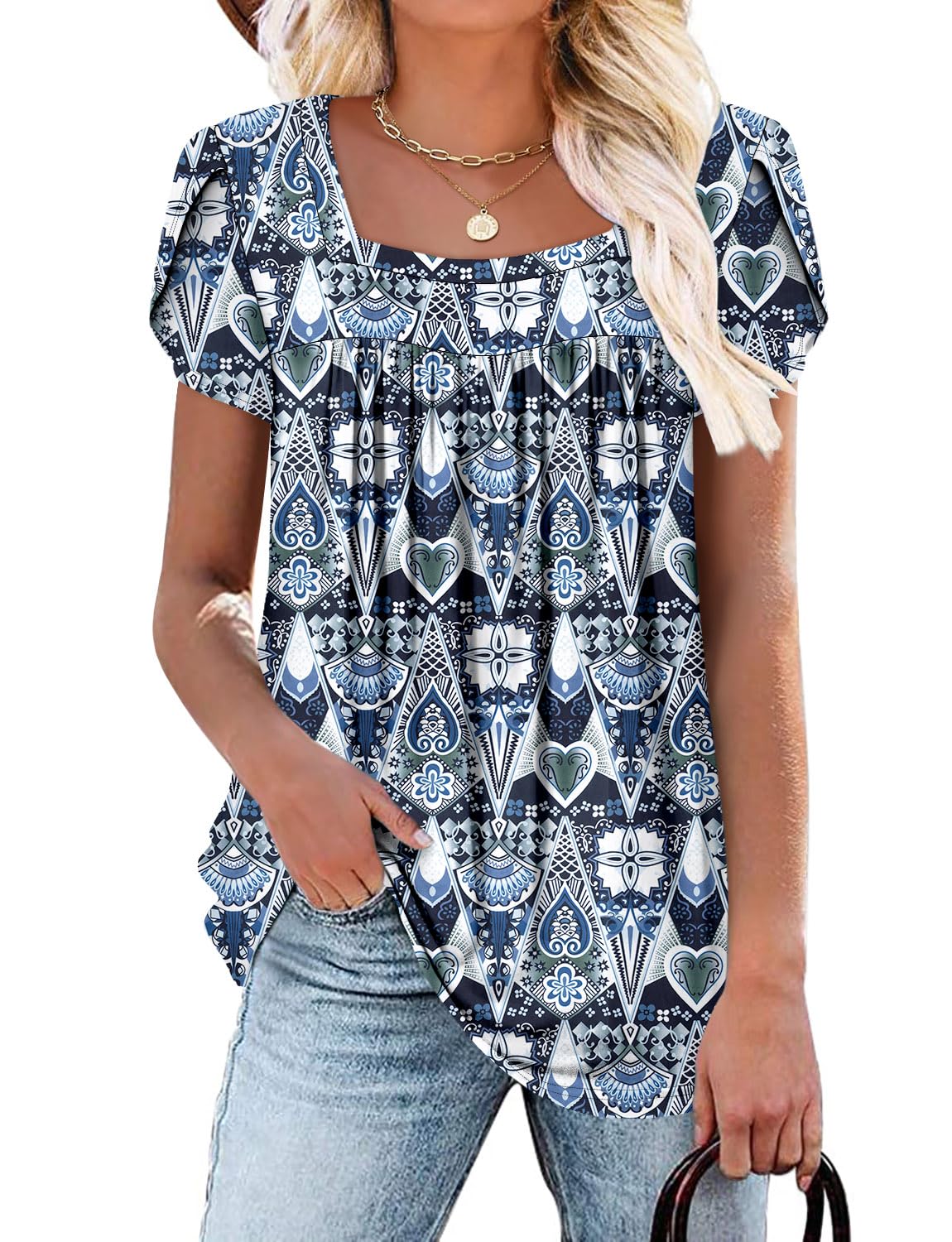 BETTE BOUTIK plus size tops for women summer short sleeve tunic business casual tops for women Blue Pattern 3X-Large