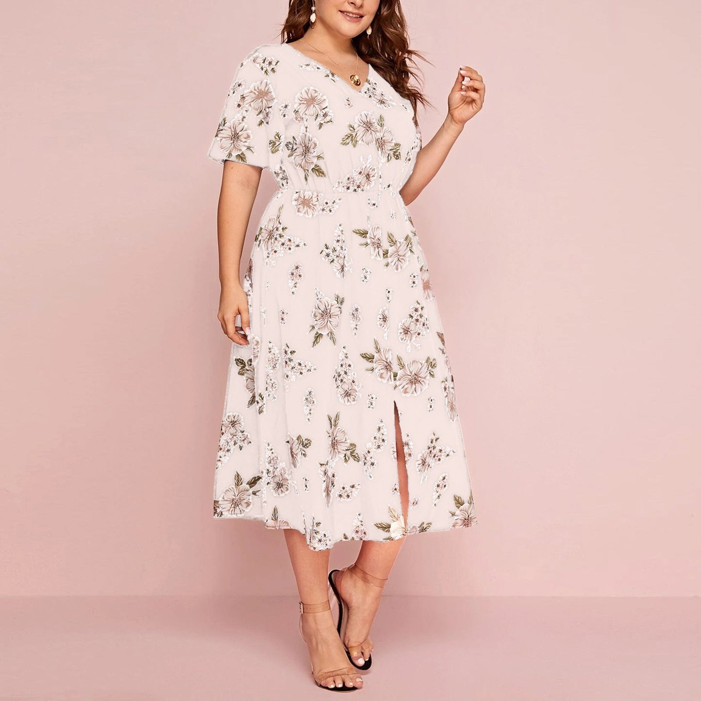Plus Size Floral Print V-Neck Short Sleeve Dress