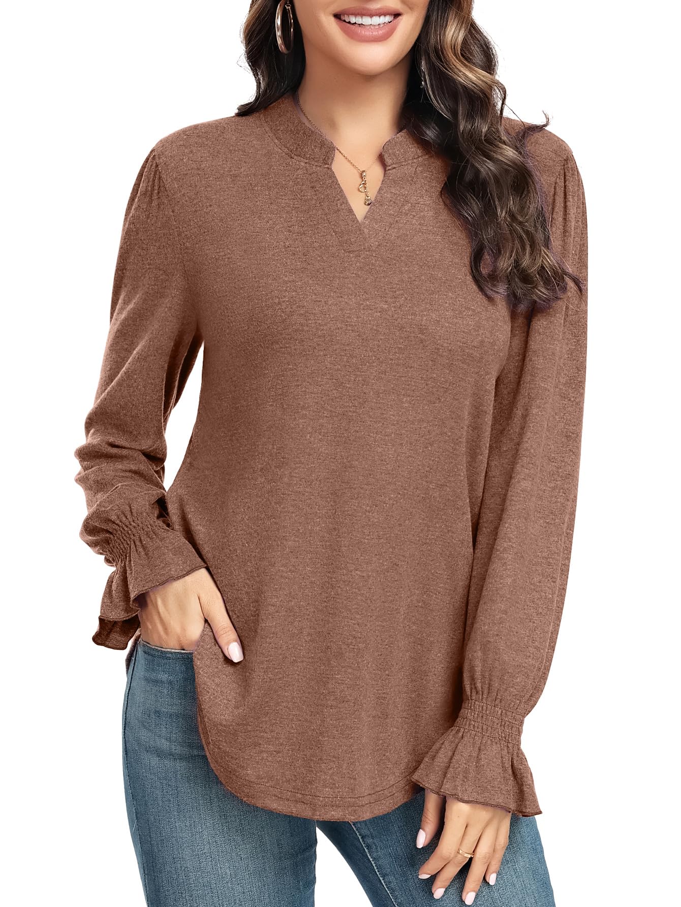 lionstill Womens Plus Size Long Sleeve Tunics Casual V-Neck Top Fashion Loose Shirt Brown 2XL