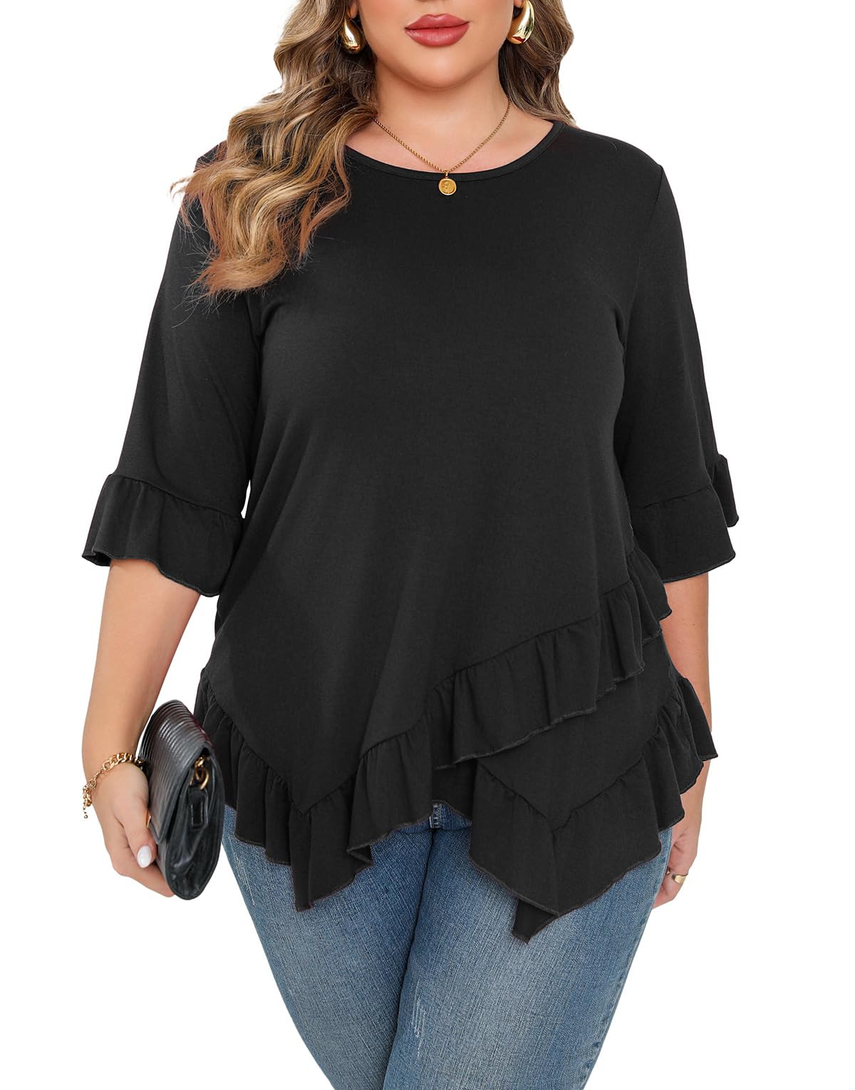 Beauhuty Plus Size Tops for Womens Tunic Ruffled Hem Crew Neck T-Shirts Casual Flowy Blouses Ruffle 3/4 Bell Sleeve(Black XL)