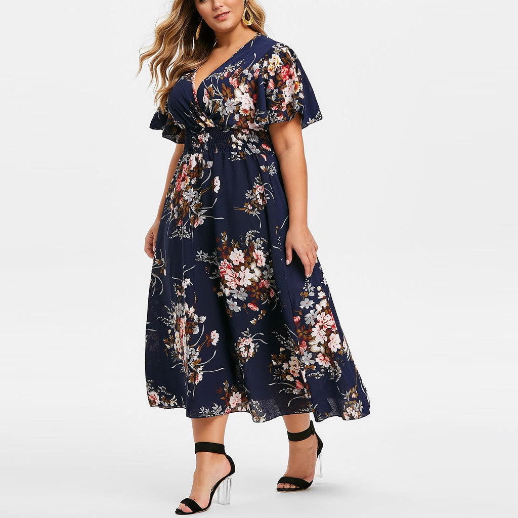 Plus Size Floral Chiffon Dress L-5XL Bohemian Style