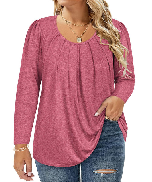 CARCOS Plus Size Tops for Women 4X Basic Fuchsia Pleated Shirts Crewneck Long Sleeve Flowy Tunics Fall Casual Blouse Solid Color Loose Fit Winter T Shirts 4XL 24W 26W