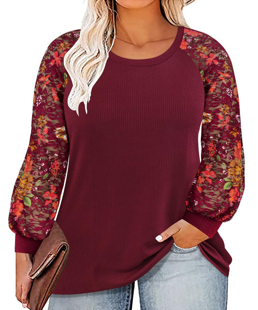 TIYOMI Plus Size Womens Floral Lace Sleeve Blouse Shirts 2X Wine Red Flower Shirts Puff Crewneck Tops Lace Splice Blouse Pullover Warm Fall Blouses 2XL 18W 20W