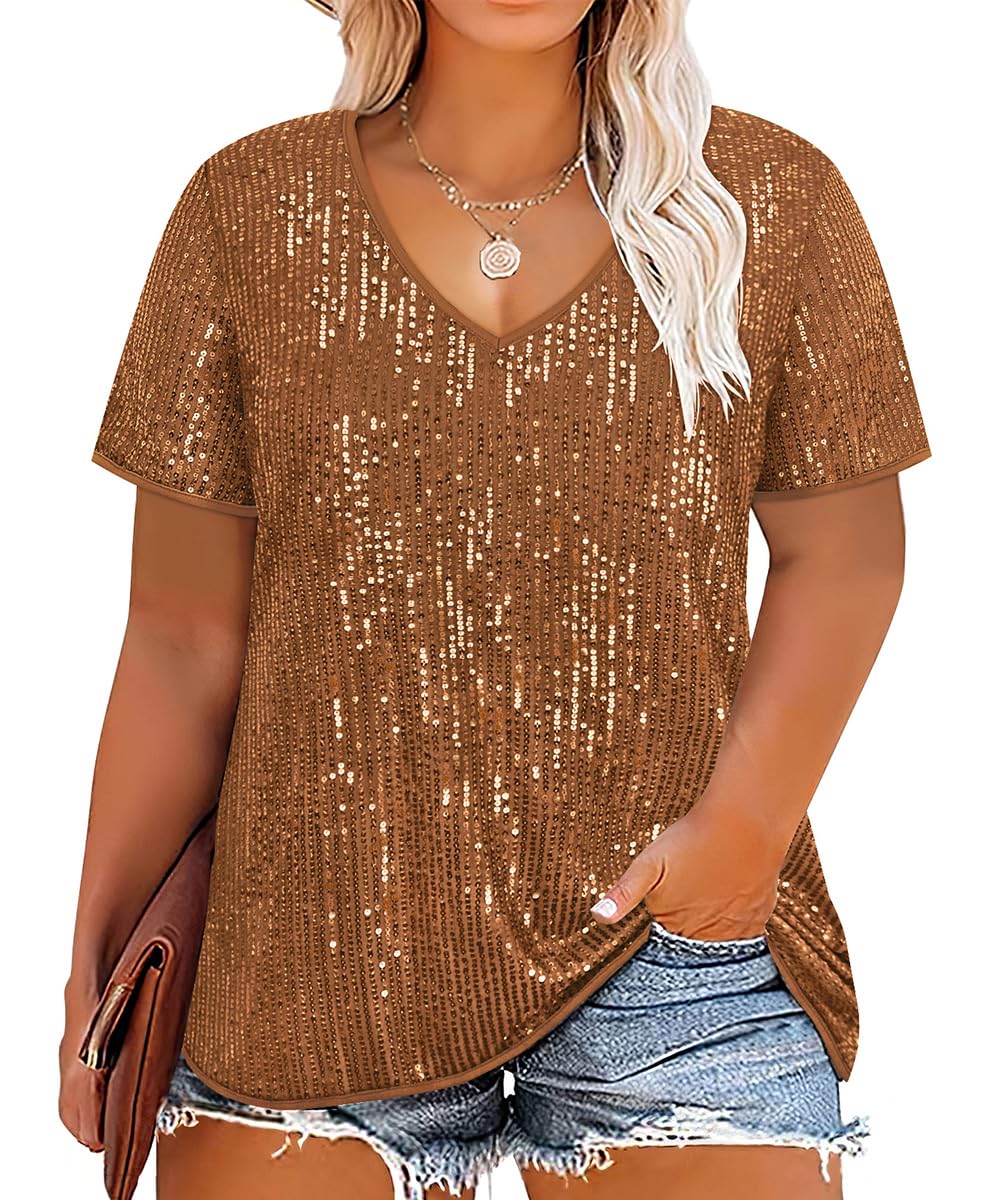 TIYOMI Plus Size Sequin Tops for Women Brown Sparkly Party Tops Short Sleeve V-Neck Shirts Tunic Tops Club Cocktail Blouses Slimming Shirts XL 14W 16W