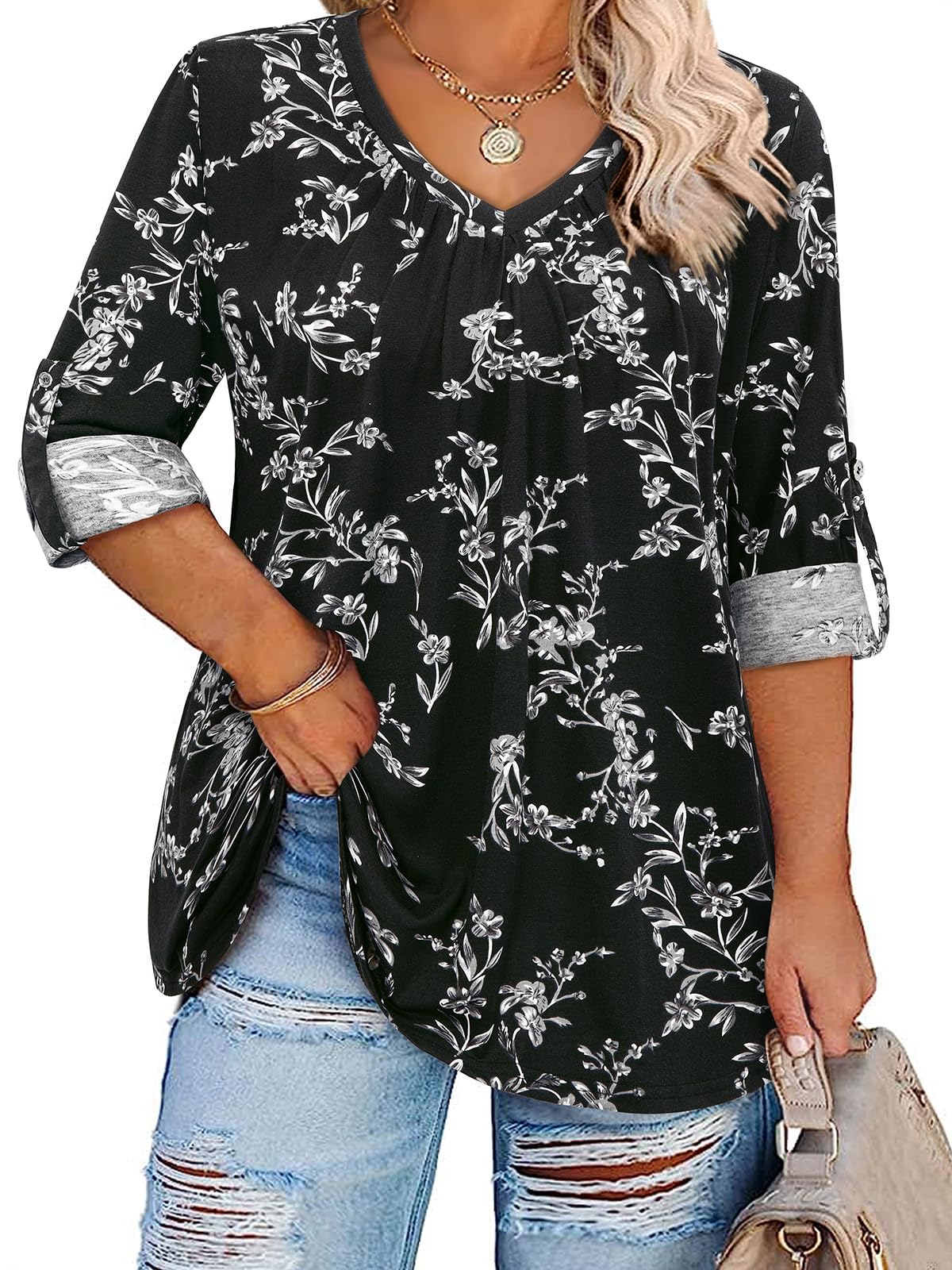 Amrto Plus Size Blouse Women Blouses Casual Plus Size 3/4 Sleeve Tops for Women V Neck 5x Womens Tops Plus Size Casual Top for Women Plus Size Tunic Tops Black Gray 5XL