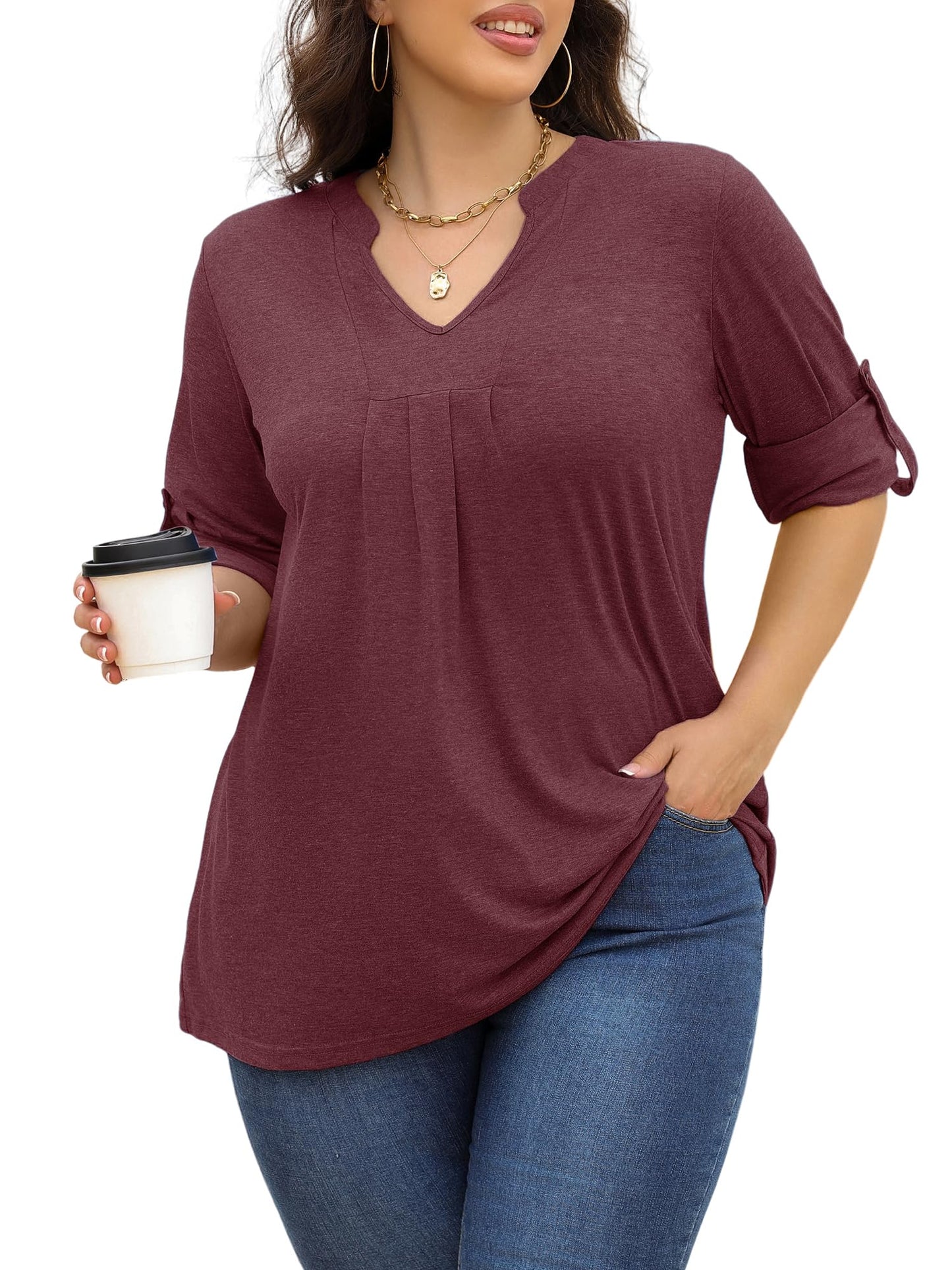 Blocac Plus Size Tops for Women V Neck Roll Sleeve Shirts Pleated Casual Loose Fit Blouses Tunic Top(WineredXL)