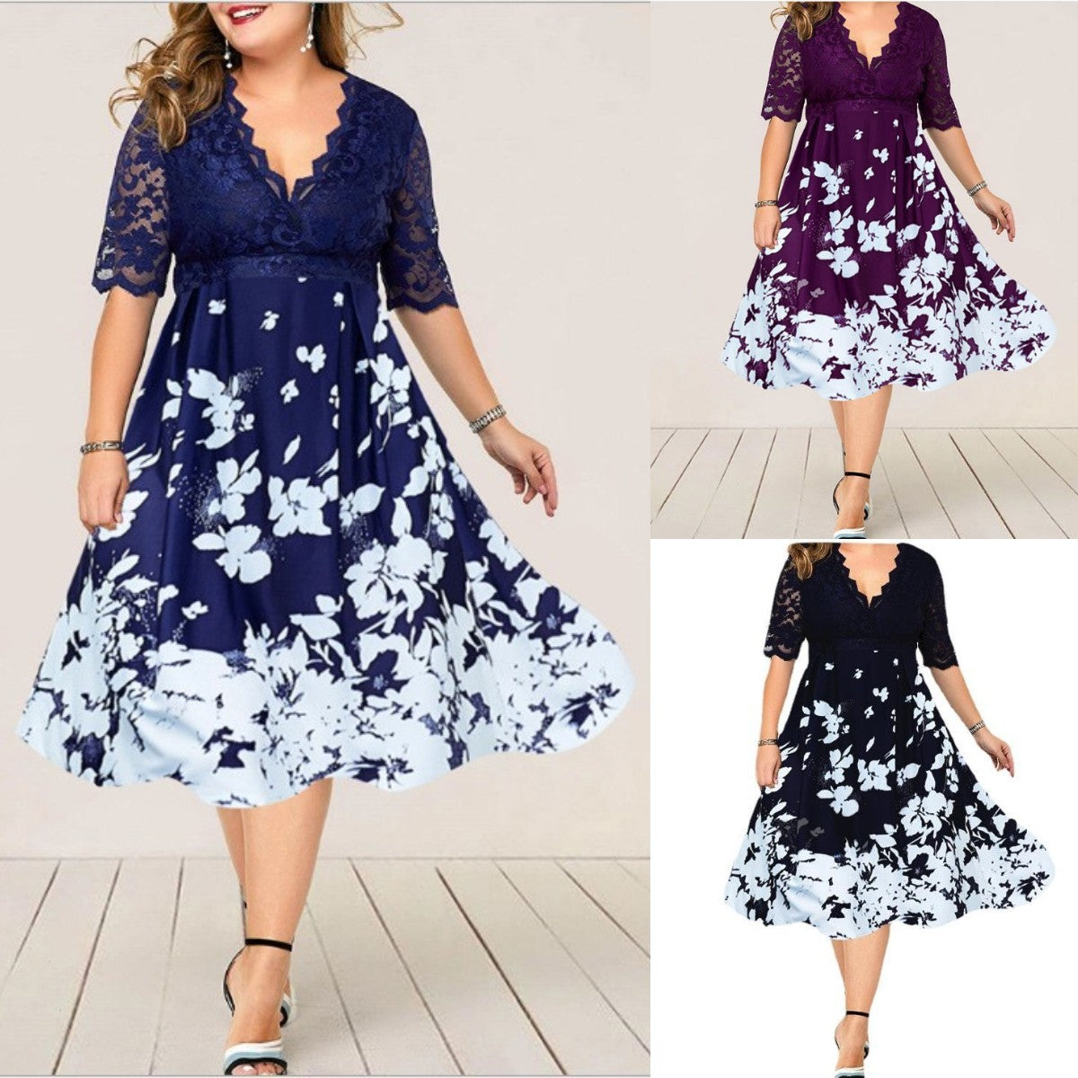 Plus Size Elegant Blue Lace Summer Evening Dress