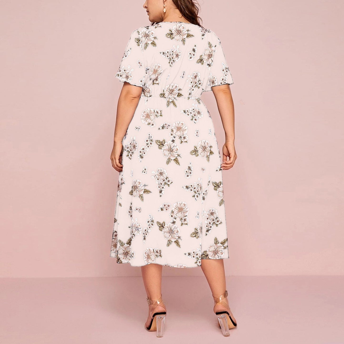 Plus Size Floral Print V-Neck Short Sleeve Dress