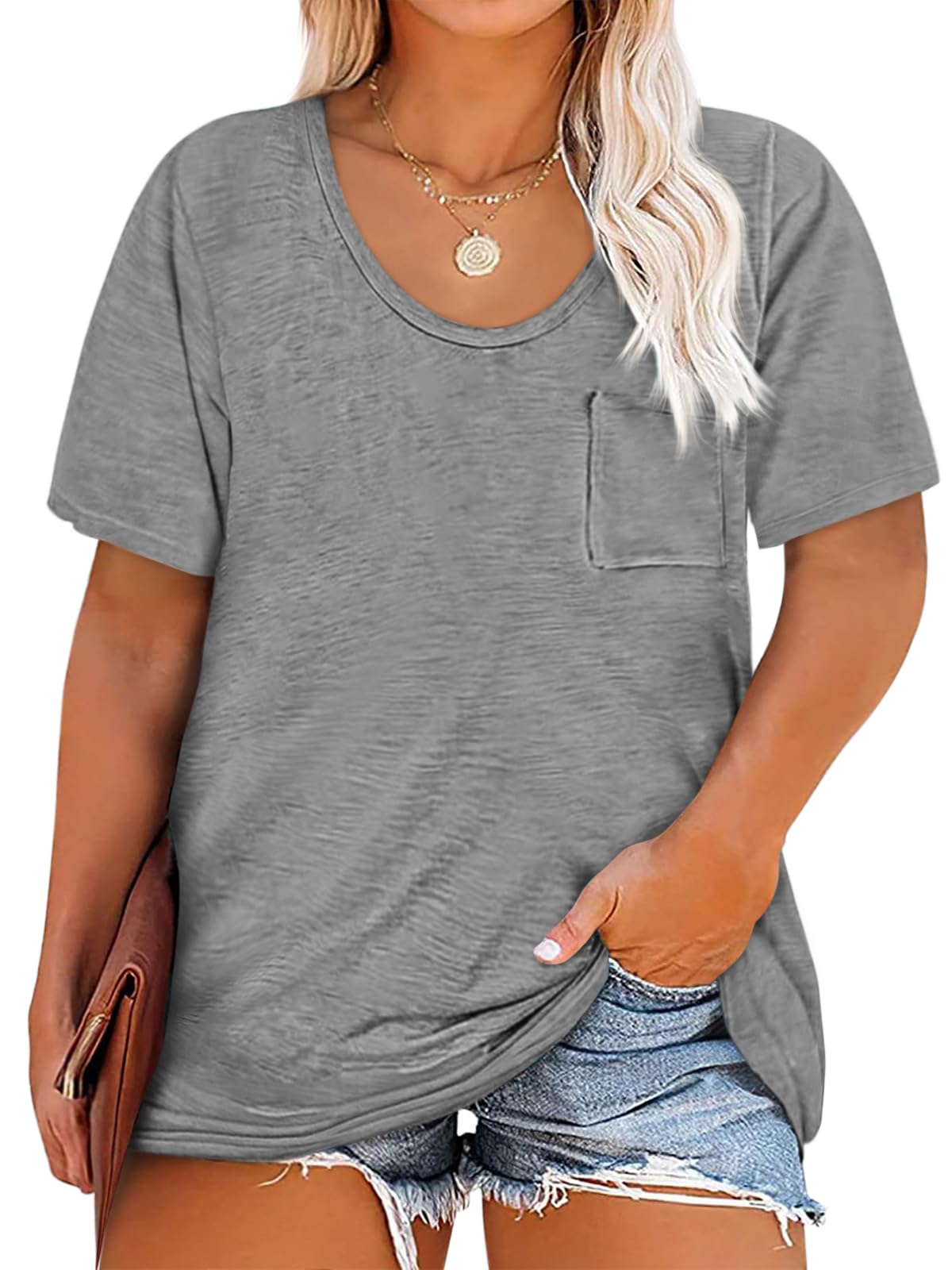 Womens Plus Size Tunic T Shirts Short Sleeve Round Neck Soft Loose Shirts Summer Casual Tops with Pocket Grey