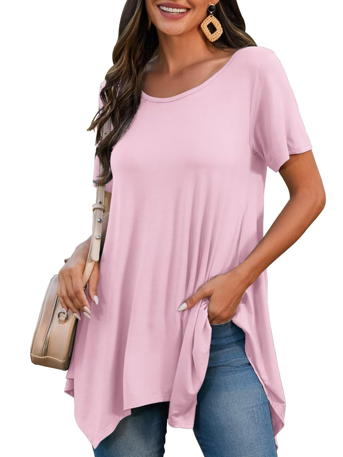 BELAROI Plus Size Tops for Women Summer Casual Tshirts Tunic Short Sleeve Loose Fit Outfits(Pink4X)