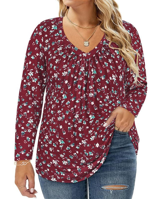 TIYOMI Womens Plus Size Tops Long Sleeve Pleated Flowy Round V Neck Tunic Dressy Casual Loose Fit T-shirts Blouses XL-5XL
