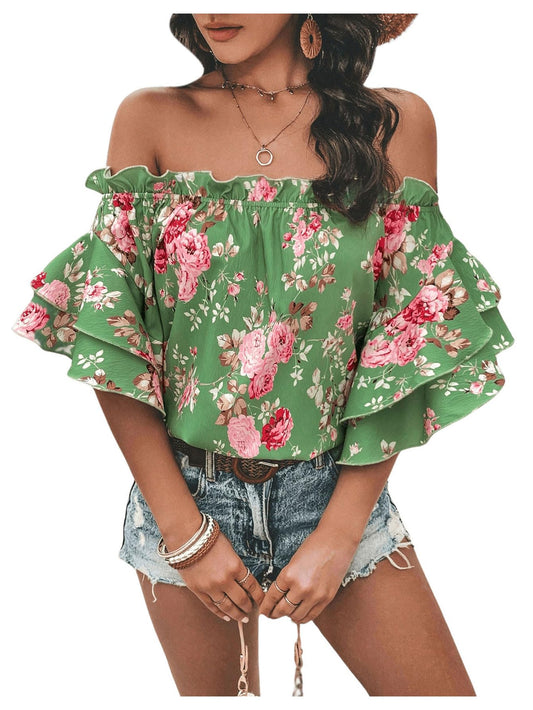 Floral Blouse Off Shoulder Ruffle Trim Half Sleeve Summer Tops