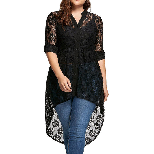 Plus Size Elegant Lace Long Sleeve Blouse for Women