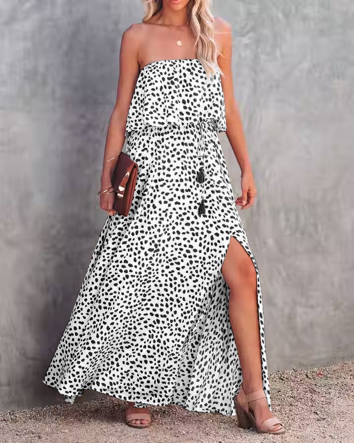 Leopard Floral Off-Shoulder Ruffled Slit Dress