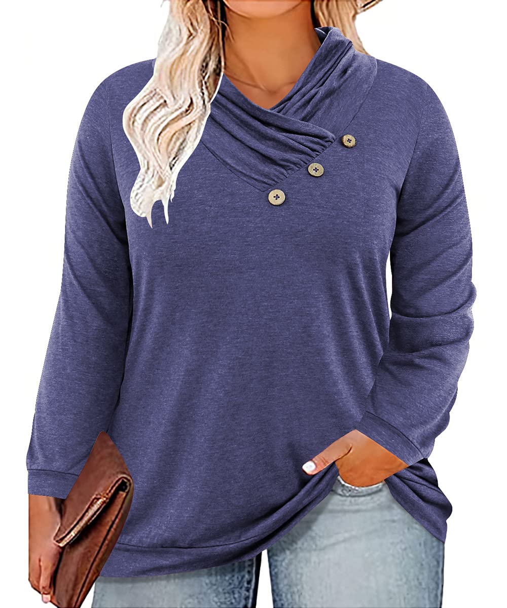 CARCOS Plus Size Button Up Tops for Women Navy Blue Long Sleeve Tunics Cowl Neck Pullover Solid Blouses Fall Winter 4XL 24W 26W