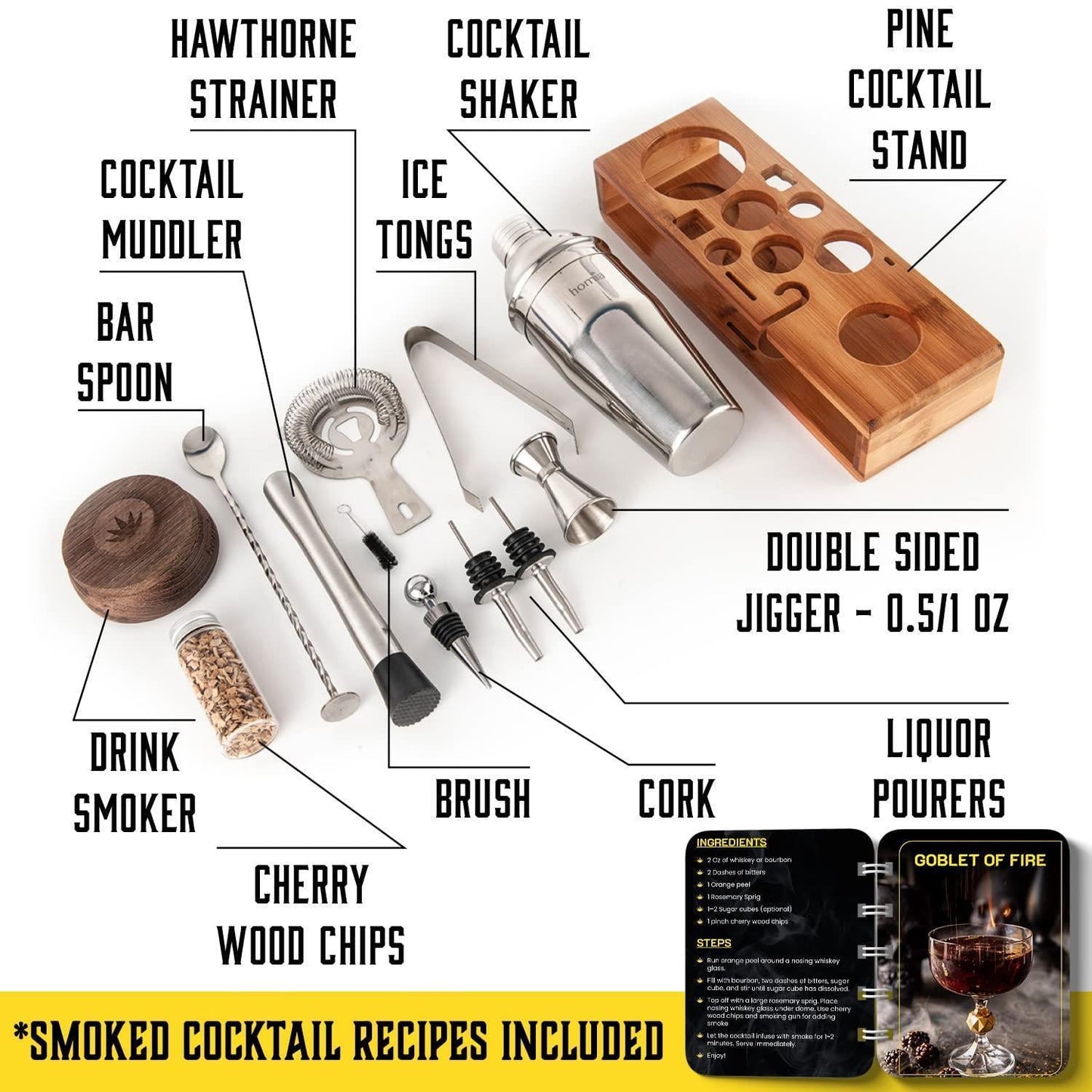 Piece Bartender Kit with Whiskey Smoker – Premium Bar Set with Bamboo Stand