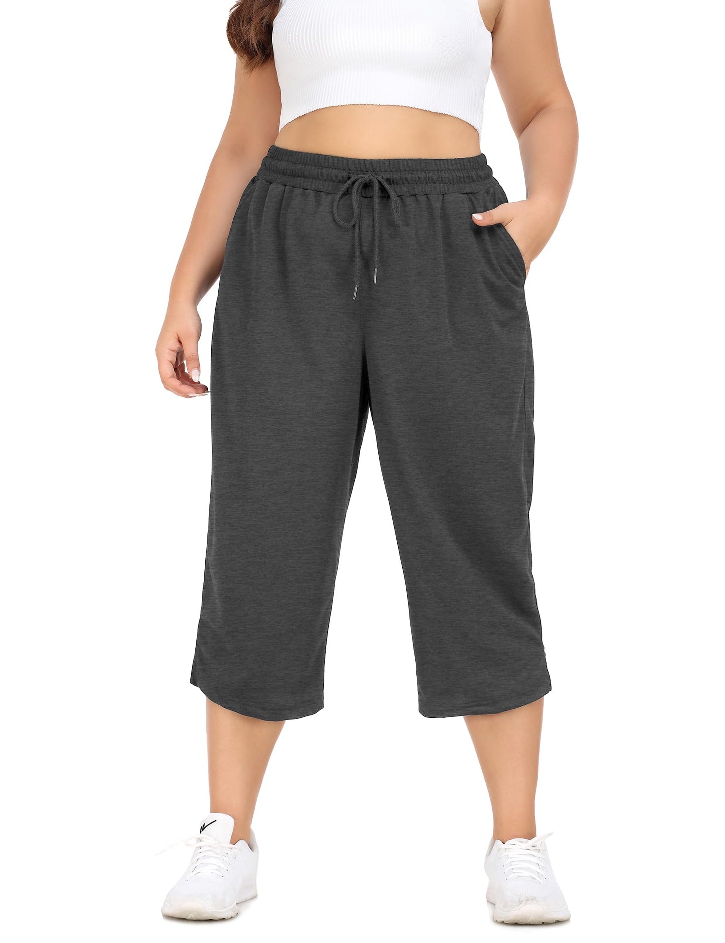 COOTRY Womens Plus Size Capris Elastic Waist Loose Fit Summer Lounge Casual Yoga Pants with Pockets Dark Gray 1XL