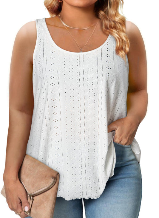 Eytino Womens Plus Size Tank Tops Summer Eyelet Embroidery Sleeveless T Shirts Scoop Neck Loose Fit Basic Top3X White