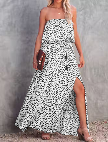 Leopard Floral Off-Shoulder Ruffled Slit Dress
