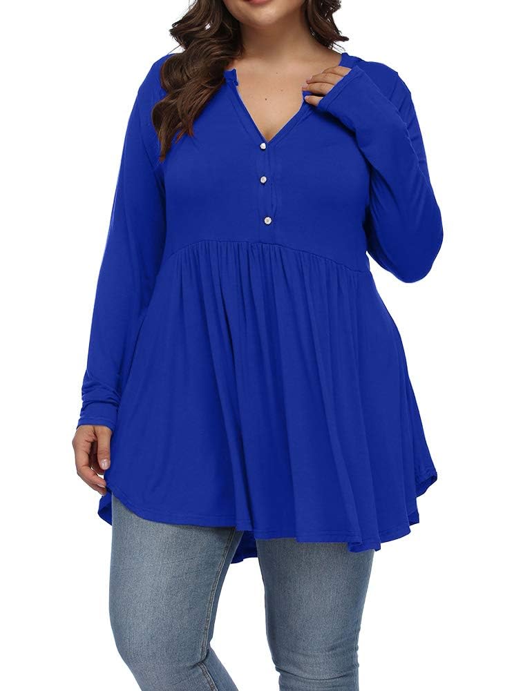 Gocolloa Plus Size Tops for Women Curvy Fall Long Sleeve Dressy Tops Button V Neck Henley Shirts Casual Flowy Tunic Blouses Blue 4X