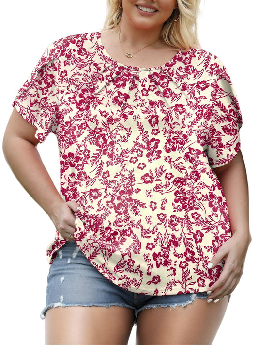 Plus Size Tops for Women Summer Petal Short Sleeve Casual Crew Neck Floral Print Tunics 2XL