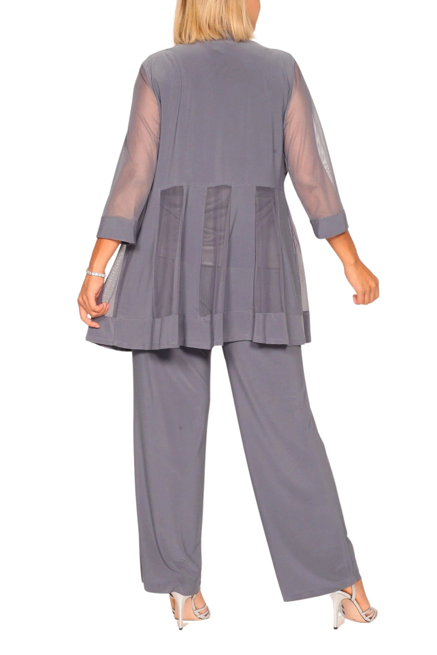 R&M Richards Three Piece Suit Round Neck Sleeveless Top with Soft-Cut Draped Lapel Mesh Jacket Formal Wear (Plus Size)
