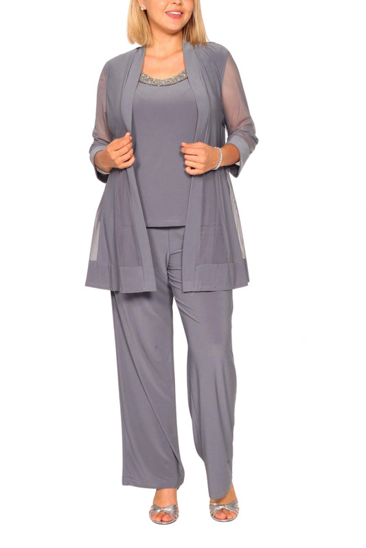 R&M Richards Three Piece Suit Round Neck Sleeveless Top with Soft-Cut Draped Lapel Mesh Jacket Formal Wear (Plus Size)