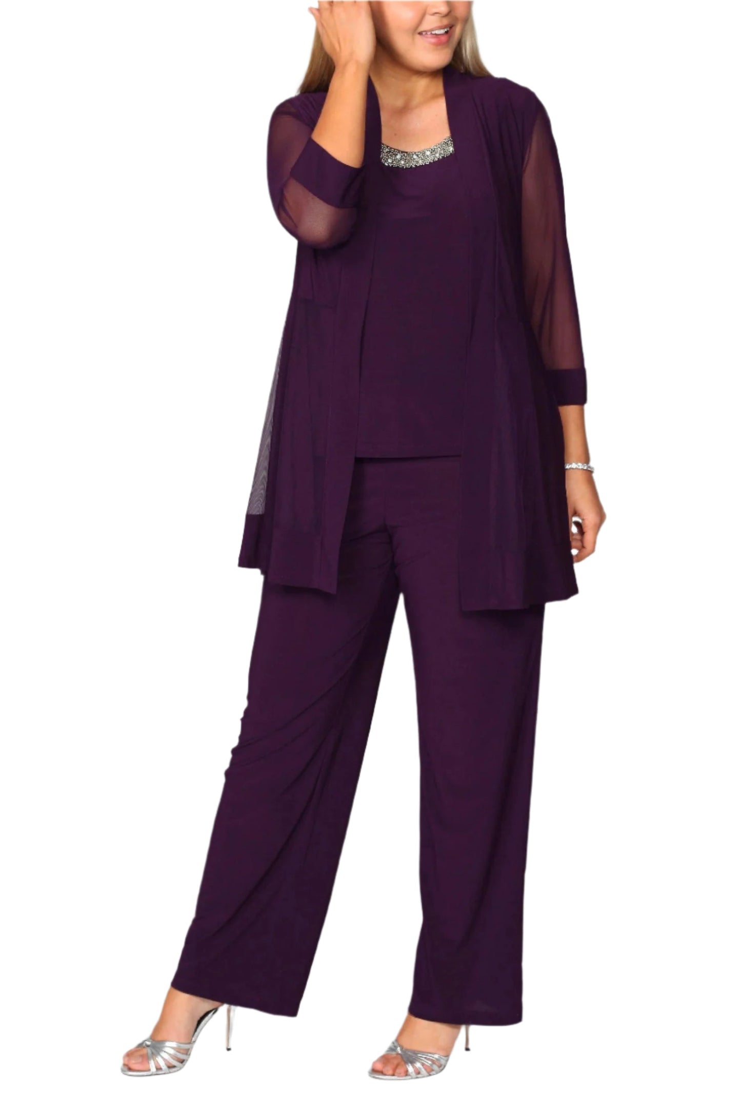 R&M Richards Three Piece Suit Round Neck Sleeveless Top with Soft-Cut Draped Lapel Mesh Jacket Formal Wear (Plus Size)