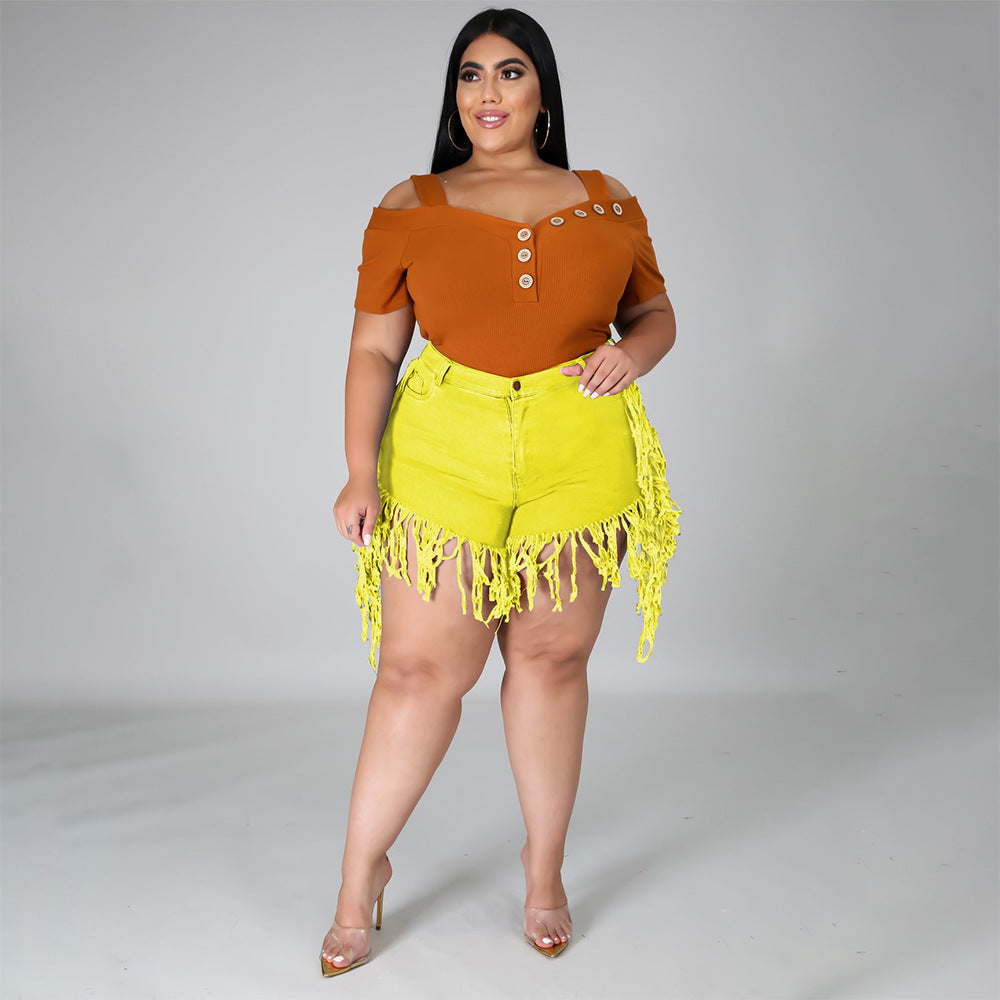 Plus Size Ripped Fringed Denim Shorts for Women
