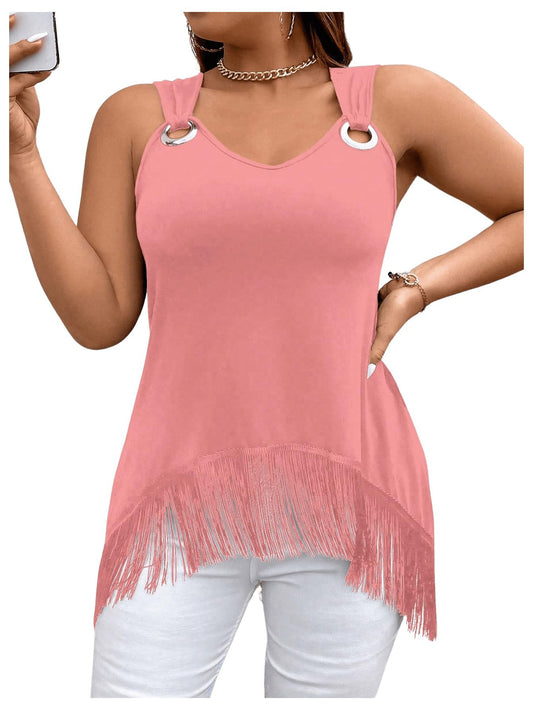RoseSeek Womens Plus Size Tank Tops Sleeveless V Neck Fringe Tops Asymmetrical Ring Cut Out Summer Tops Vest Pink 2XL