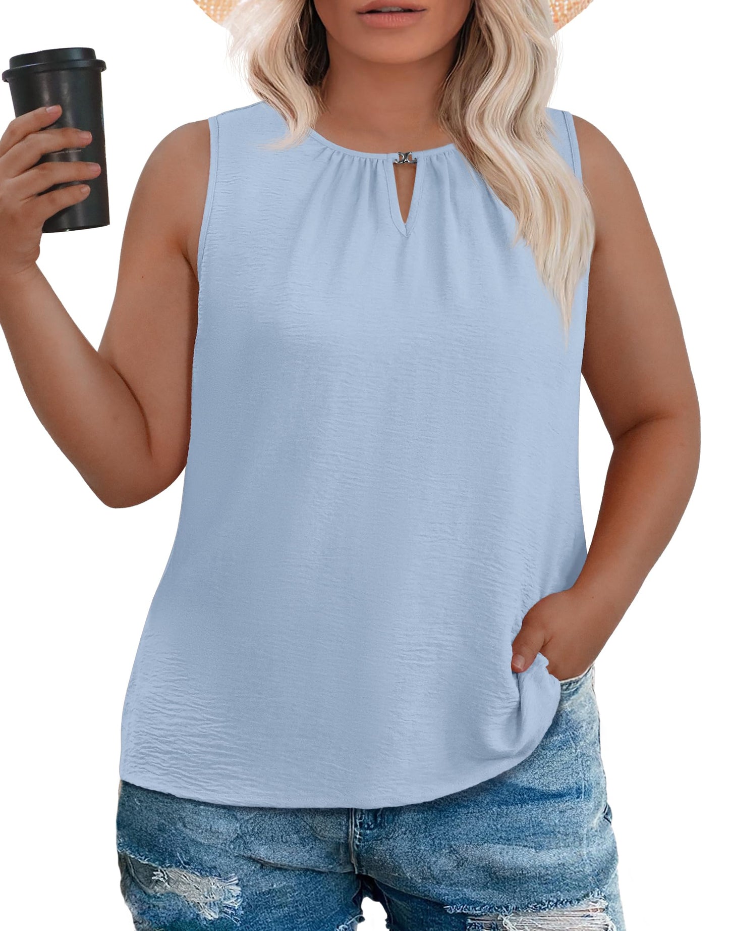 OLRIK Plus Size Tank Tops for Women Summer Top Casual Loose Fit Tunic Top Light Blue-3X