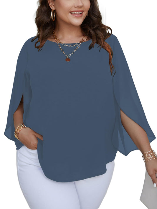 SCOMCHIC Plus Size Blouses for Women Summer Chiffon 3/4 Sleeve Tunic Tops Dressy Scoop Neck Casual Loose Flowy Shirts Greyblue