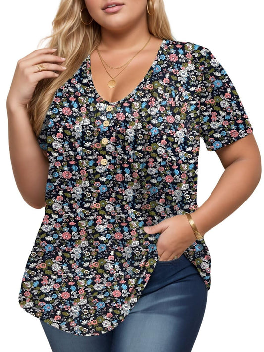 Woman Plus Size T Shirts Trendy Loose Fit Basic V Neck Pleated Floral Tops 5XL
