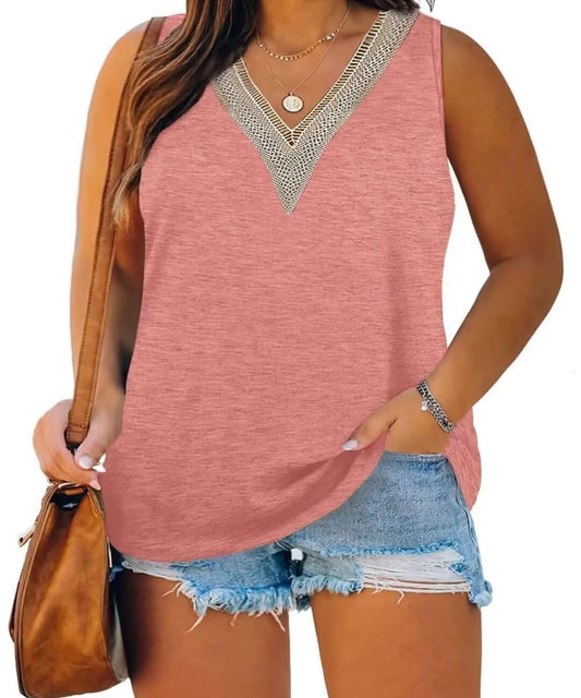Wkior Plus Size Sleeveless Tops For Women Solid Color Tank Tops Flowy Sleeveless V Neck Lace Trim Sexy Summer Tunic T-shirts Pink 2XL