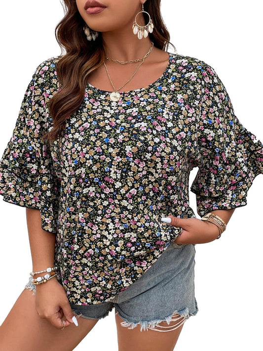 SOLY HUX Womens Plus Size Ditsy Floral Print Blouse Ruffle Half Sleeve Summer Tops Ditsy Floral 1XL