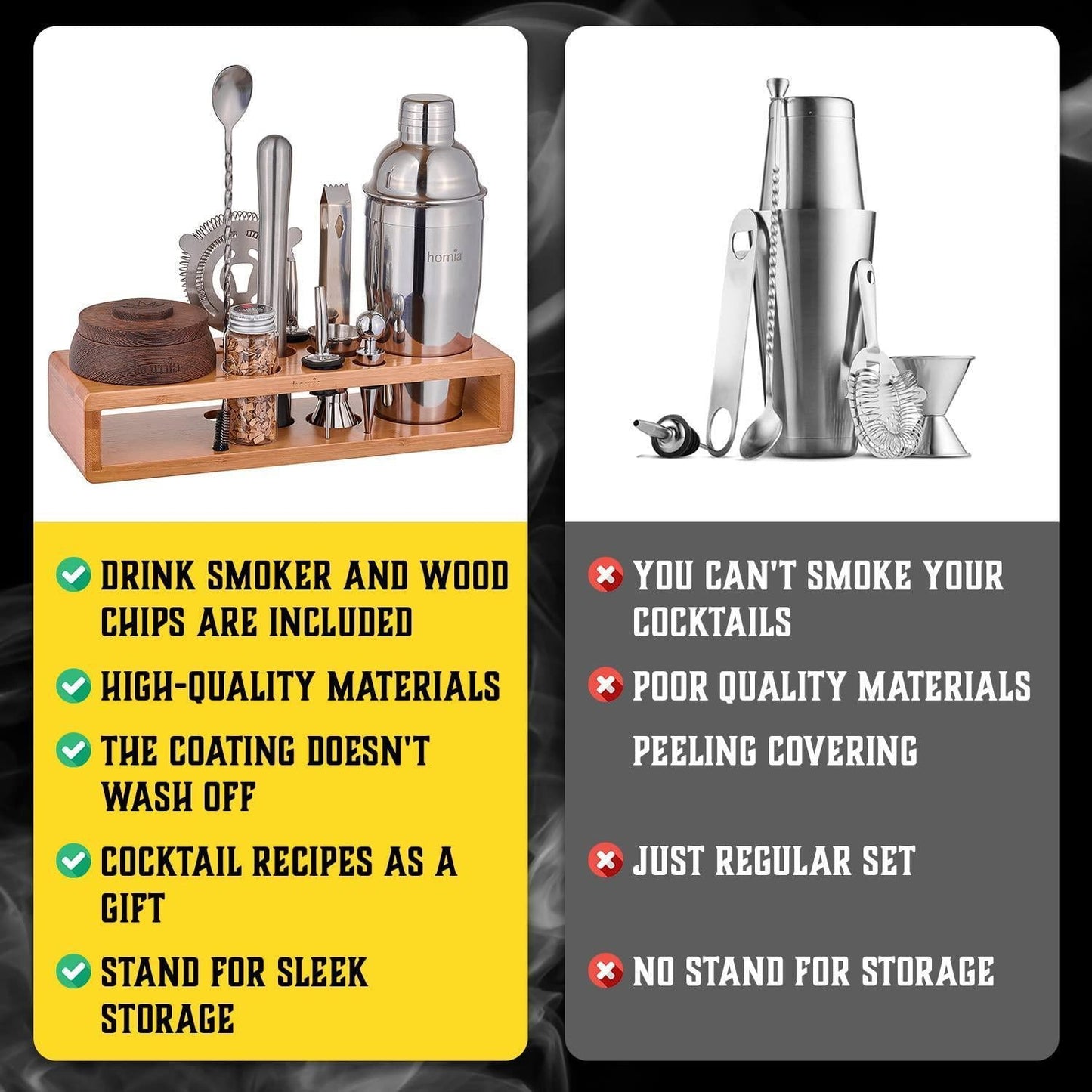 Piece Bartender Kit with Whiskey Smoker – Premium Bar Set with Bamboo Stand