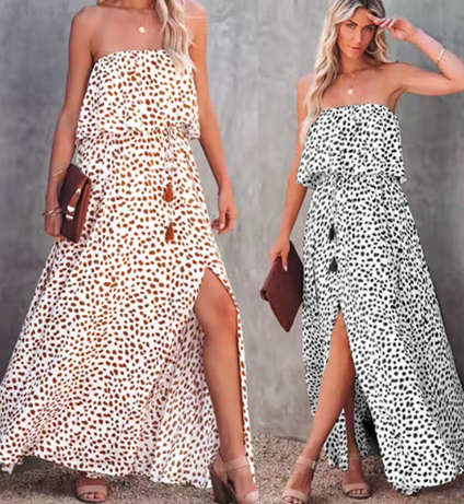 Leopard Floral Off-Shoulder Ruffled Slit Dress