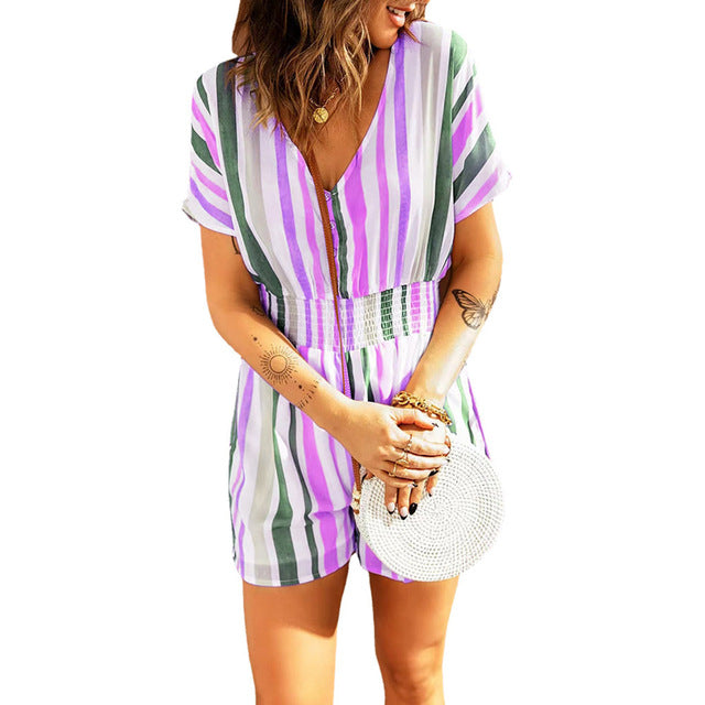 Striped V-neck Button Jumpsuit for Plus Size Women