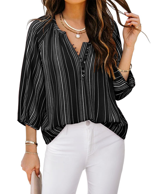 3/4 Length Sleeve Womens Tops: Fashion 2024 - Ladies Tops and Blouses Business Casual Tops Loose Fit Summer Fall Chiffon Shirts Plus Size Women Professional Work Clothes Junior Black Stripe XXL