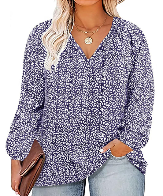 CARCOS Plus Size Floral Tops for Women 4X Navy Blue Floral Boho Blouses Basic V Neck Ruffle Long Sleeve Tunics Drawstring Casual Work Blouse Fall Pullover 4XL 24W 26W