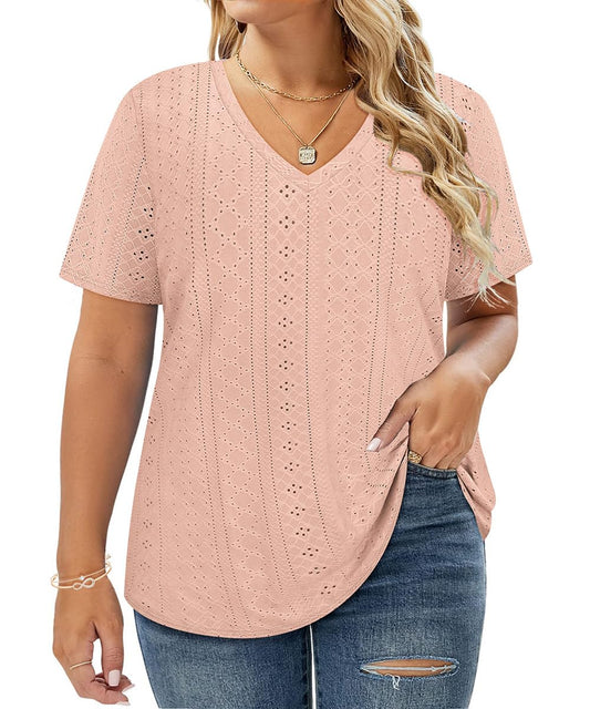 CARCOS Plus Size Tops for Women 4X Solid Kahki Summer Shirts V Neck Short Sleeve Tunics Eyelet Embroidery Tees Casual Hollow Out Tshirt Loose Fit Blouses 4XL 24W 26W