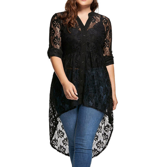 Plus Size Elegant Lace Long Sleeve Blouse for Women