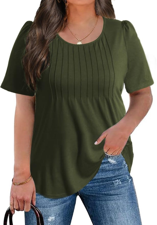 CARRROTMOB Plus Size Womens Summer Tops Puff Short Sleeve Crew Neck Pleated T Shirts Loose Dressy Casual Blouses Army Green