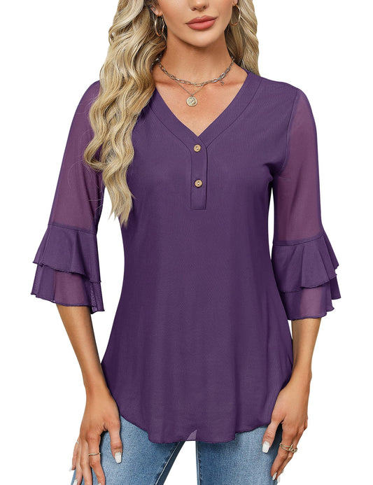 Rapbin Plus Size Dressy Evening Business Casual Loose Fit Chiffon Blouses Women Business Tops Summer Tunics Purple XXL
