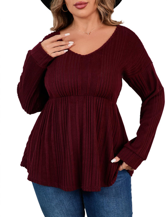 ShopWonder Women Plus Size Casual Tops Tunic Sweater V Neck Pullover Dressy Long Sleeve Loose Fit Blouse Shirt，Dark wine red3XL
