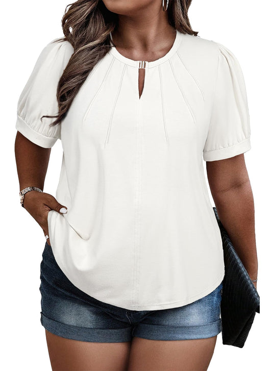 Eytino Plus Size Tops for Women Summer Puff Sleeve Crewneck Pleated Tee Casual Loose Blouse Shirts4X White